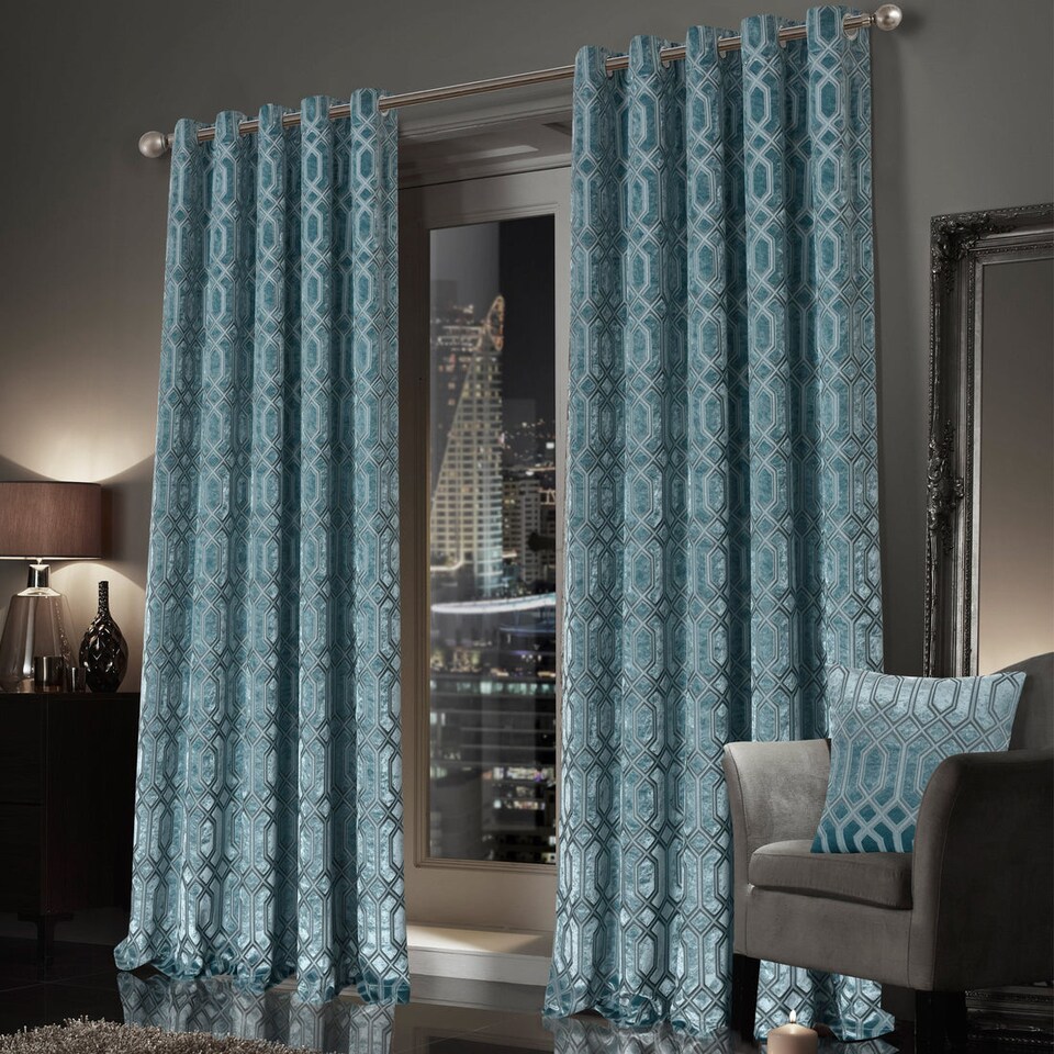 image 1 of Luxe Geo Velvet Eyelet Curtains in Teal, 228cm x 228cm | Blue | Teal