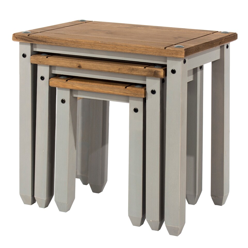 image 1 of Corona Set of 3 Solid Pine Nesting Tables - Sturdy Rustic Side Tables with Chunky Tops | Grey | Grey Wax | Small, Medium & Large | 3