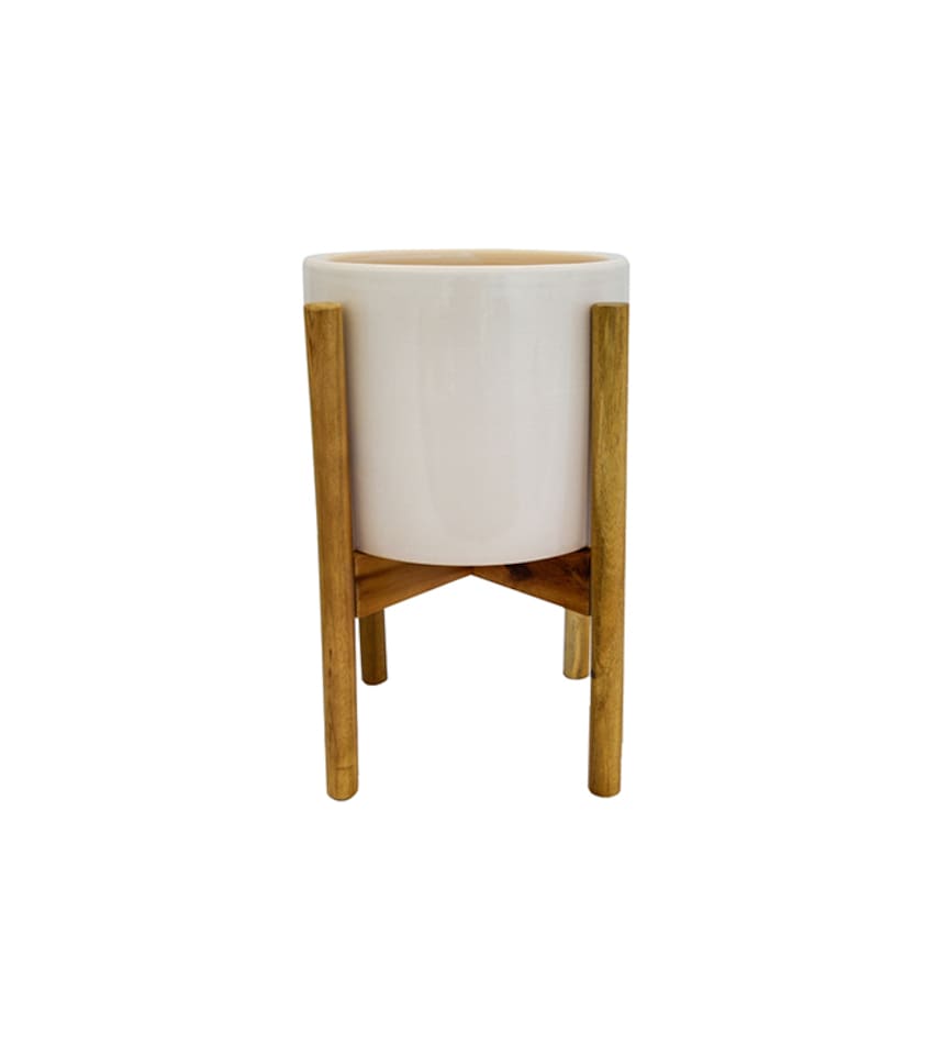 image 1 of Anzio Stone Planter with Wooden Stand - Ceramic - L24 x W24 x H38.5 cm - White | White