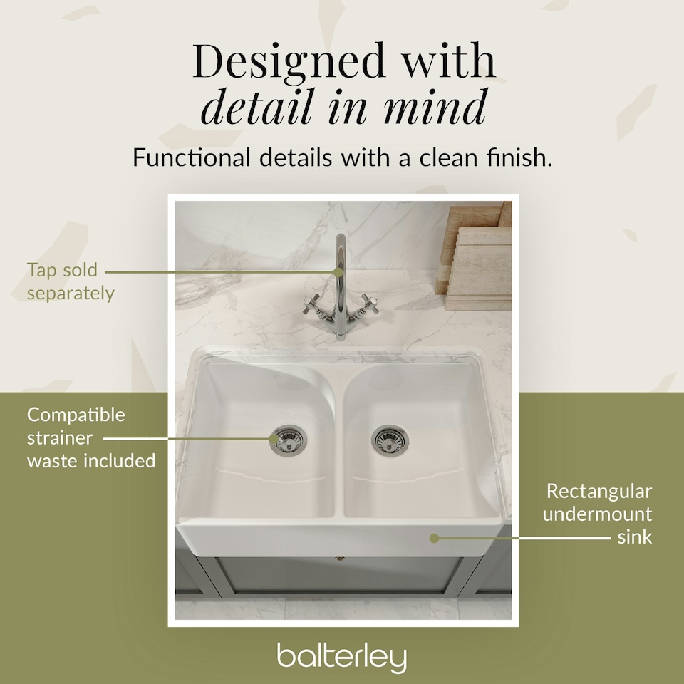 image 1 of 795mm -  2 Bowl Fireclay Butler Kitchen Sink -  Full Weir  & Wastes