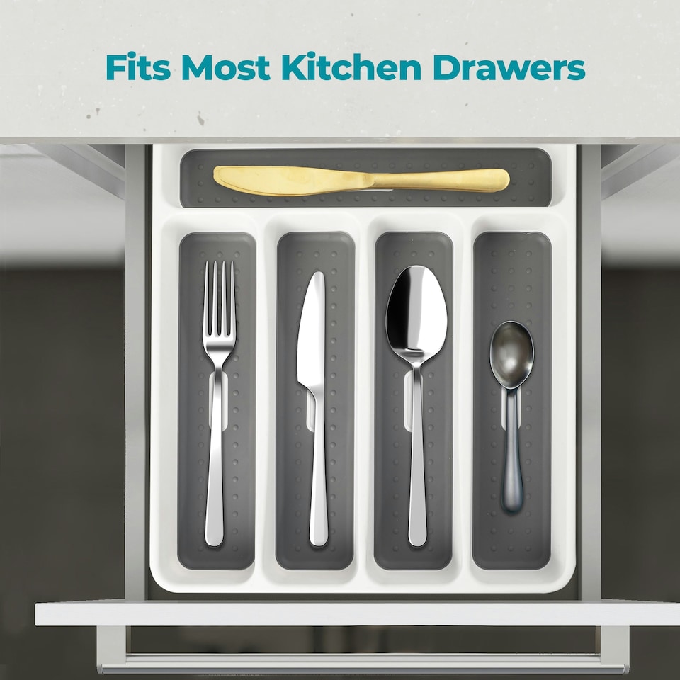 image 1 of Plastic Kitchen Cutlery Tray Organiser Rack Holder Drawer Insert Tidy Storage Grey
