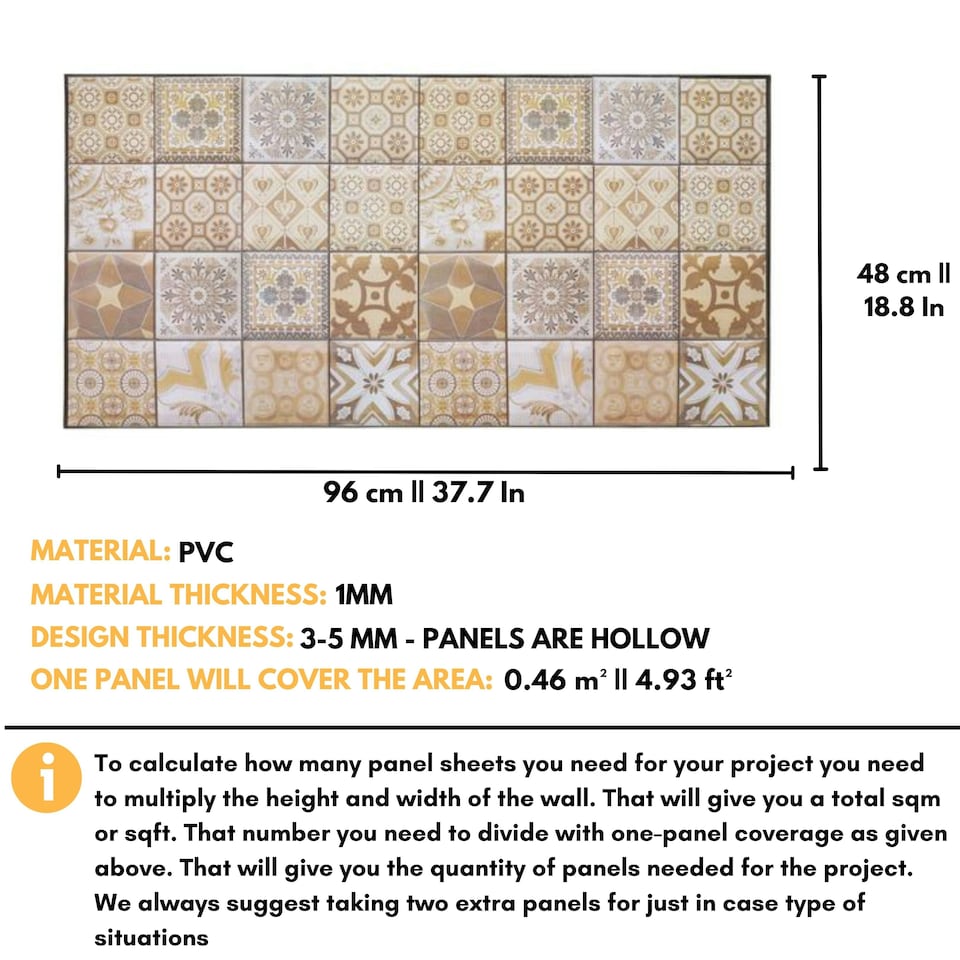 image 1 of NOVECRAFTO 3D Mediterranean Wall Panels – 6 PVC Sheets, Covers 2.76 sqm (29.76 sq ft), 96x48cm Each – Brown & Beige Tile Pattern Decorative Cladding