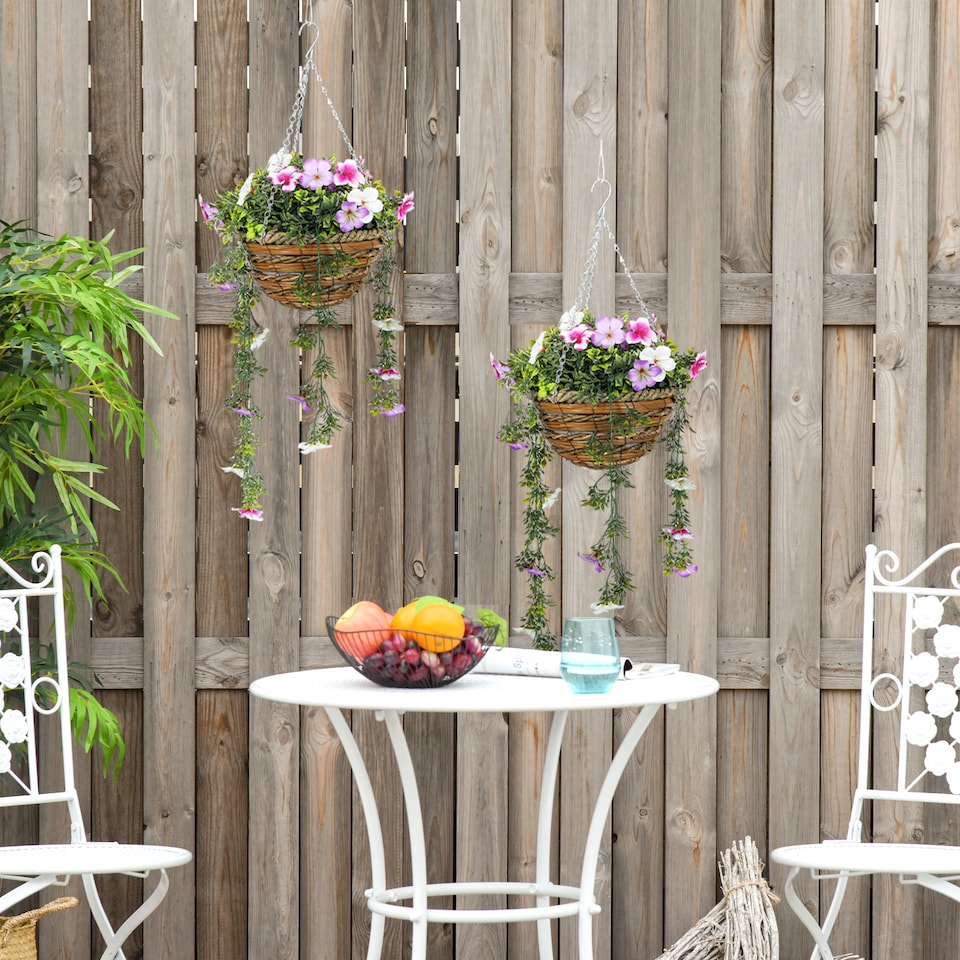 image 1 of HOMCOM Set of 2 Artificial Silk Azalea Flowers, Hanging Planters with Basket, FauPlants for Home Indoor Outdoor Decor, Pink and White