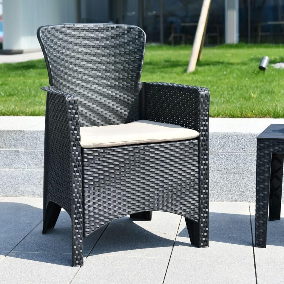image 1 of 60cm Modern Black Rattan Wood Look Folding Table & 2 Chairs Compact Garden Patio Furniture Set