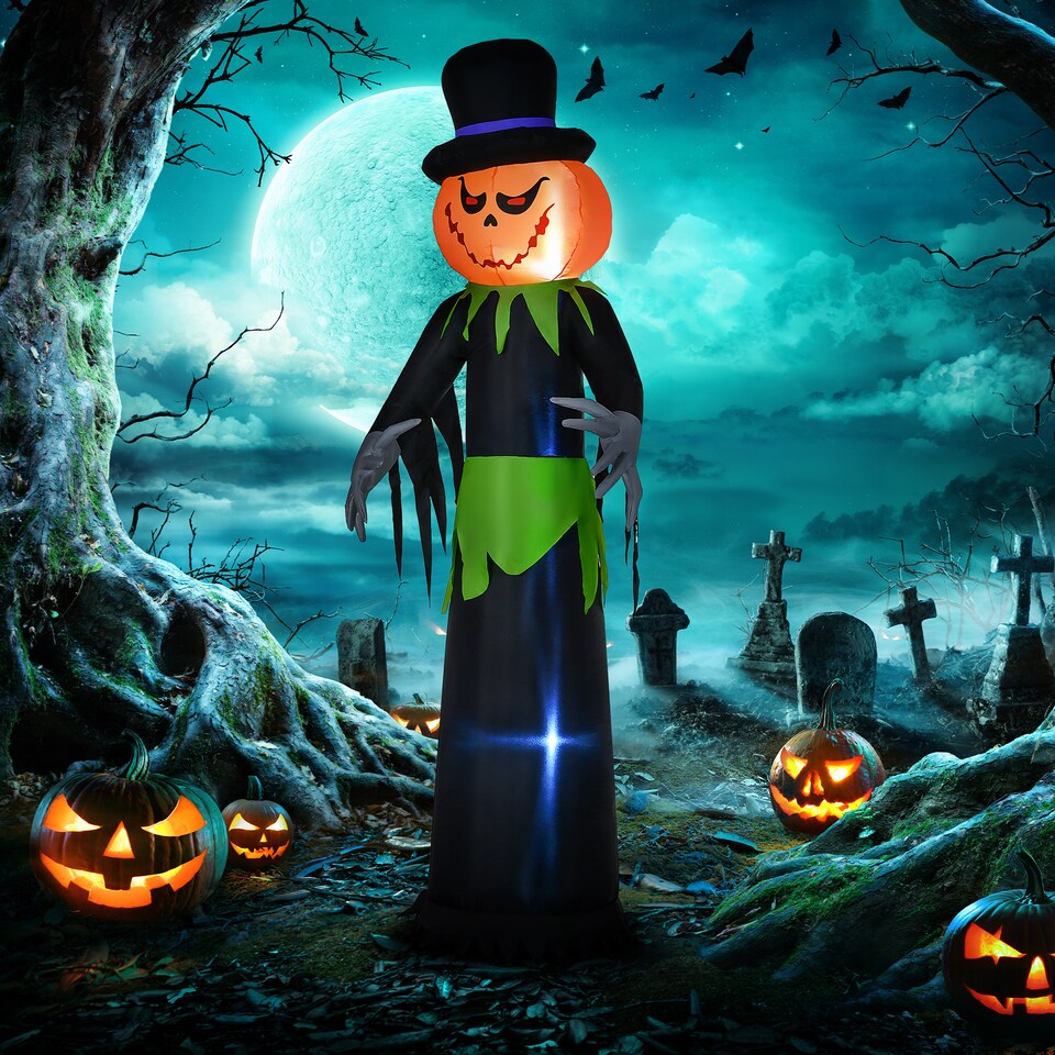 image 1 of Outsunny 8FT Tall Halloween Inflatable Pumpkin Ghost in A Hat, Blow-Up Outdoor Halloween Decoration with LED Lights for Lawn, Garden, Party
