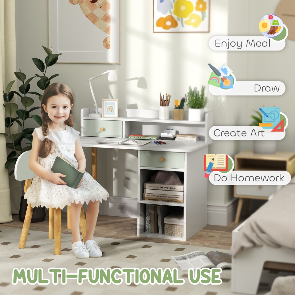 image 1 of AIYAPLAY Kids Desk and Chair Set, Children Study Table with Hutch, Storage, Drawer, Shelves, for Studying, Reading, Drawing, for Ages 3-8 Years, Green | Green