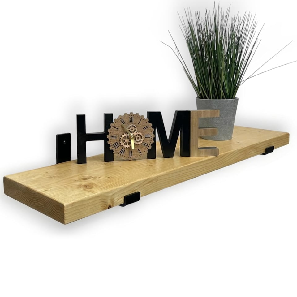 image 1 of MKGT Handmade Antique Pine Floating Wall Shelf with Steel Brackets, Solid Wood, 140 x 22 x 4.5 cm