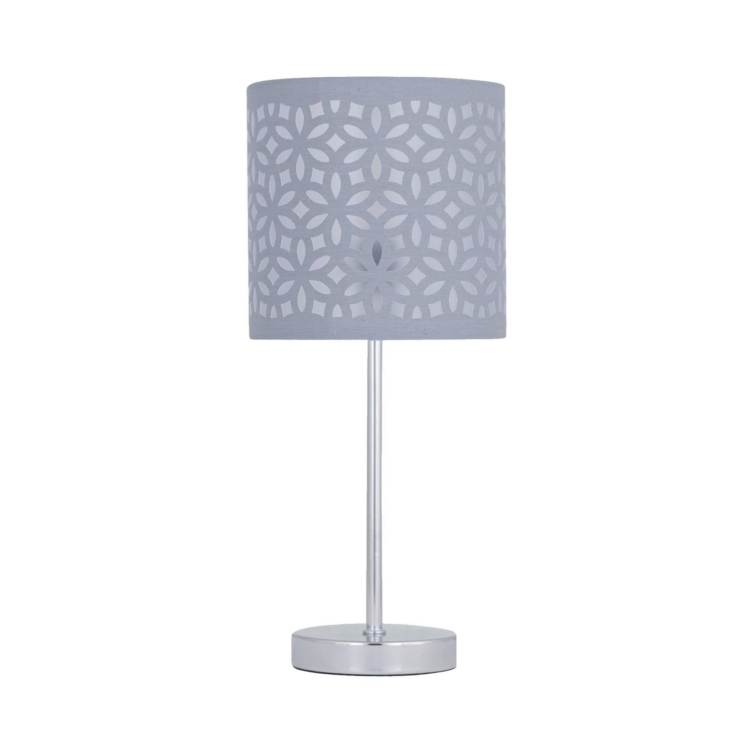 First Choice Lighting Chrome Touch Operated Table Lamp with Grey Cut Out Shade in Silver