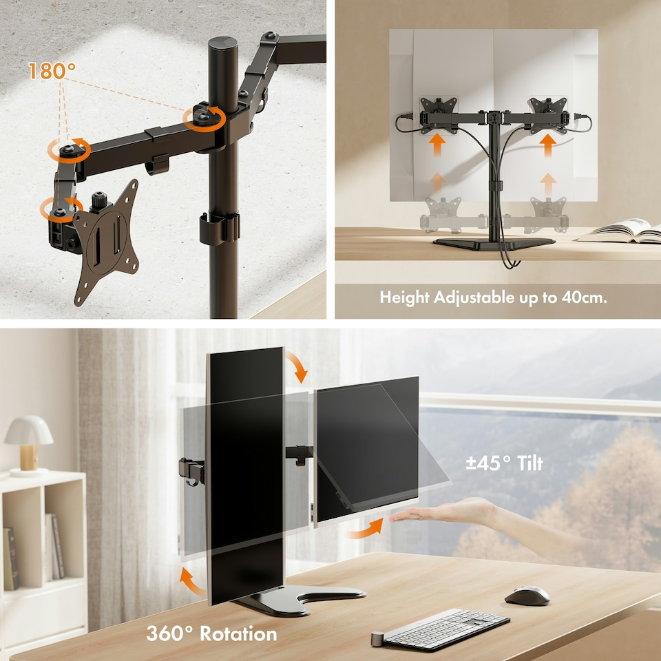 image 1 of VonHaus Adjustable Dual Monitor Mount for 13-32" Screens