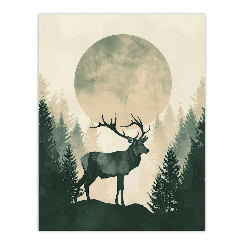 image 1 of Full Moon Forest Hill Stag Green Black Framed Wall Art Print A4