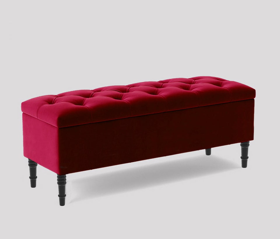 image 1 of 180cm Swiss Chesterfield Ottoman Storage Bench- Plush Velvet Shoe Bench - Red Upholstery Footstool with Storage