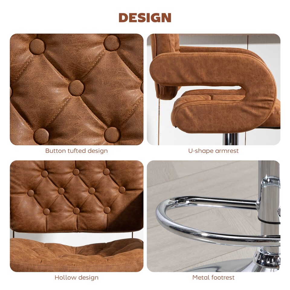 image 1 of HOMCOM Swivel Bar Stool with Extra Large Seat, PU Leather Upholstered Adjustable Barstool with Back, Arm and Footrest, Breakfast Bar Chair for Bistro, Kitchen, Brown | Brown | Brown