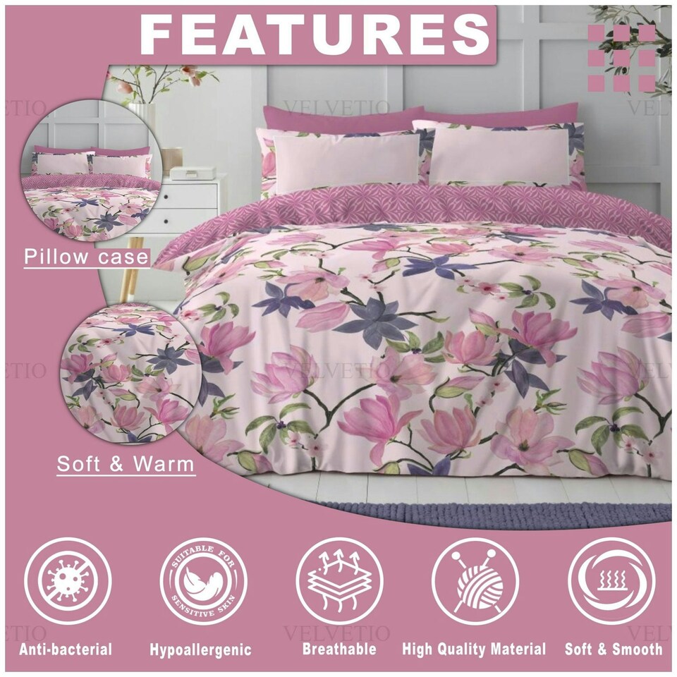 image 1 of VELVETIO Shannon Complete Duvet Cover Set with Fitted Sheet Soft Polycotton Bedding Sets Pink | Double
