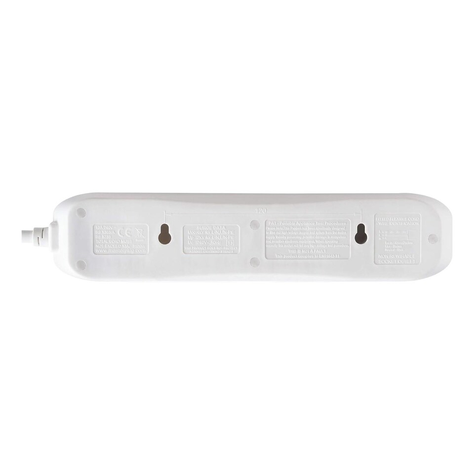 image 1 of Masterplug 4 Socket Surge Protected Extension Lead 2 Metre Cable 13A Wall Mount Power Strip White