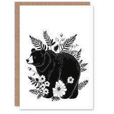 Grizzly Bear and Wildflowers Black White Folk Art Birthday Greeting Card
