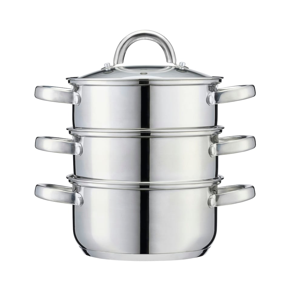image 1 of Cooks Professional 3 Tier Stainless Steel Steamer Pan - Suitable for All Hobs Inc Induction - Dishwasher Safe - 16cm Diameter