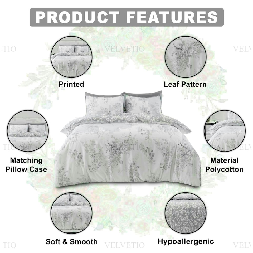 image 1 of Perla Floral Printed Duvet Cover Set Reversible Polycotton Beddings Grey | Double