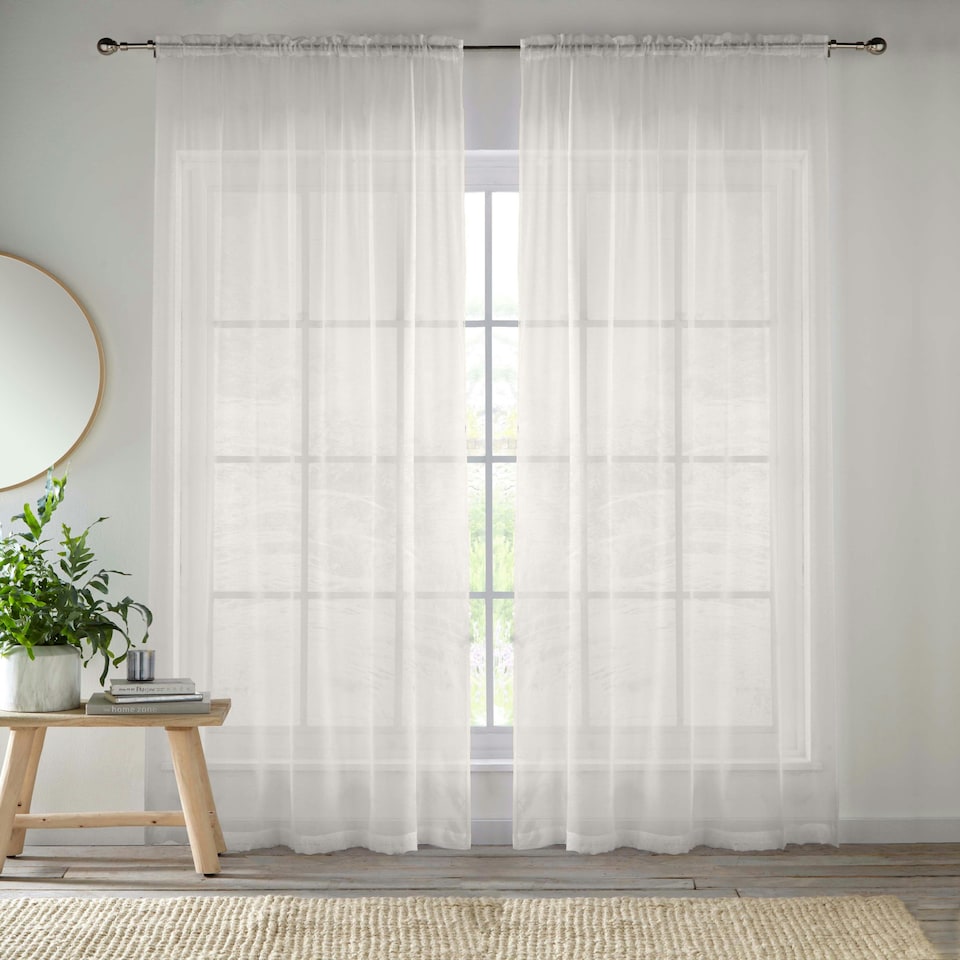 image 1 of Pair of Crystal Cream Plain Voile Panels 229 cm (90 inch) Rod Pocket Panels for Bedroom and Living Room