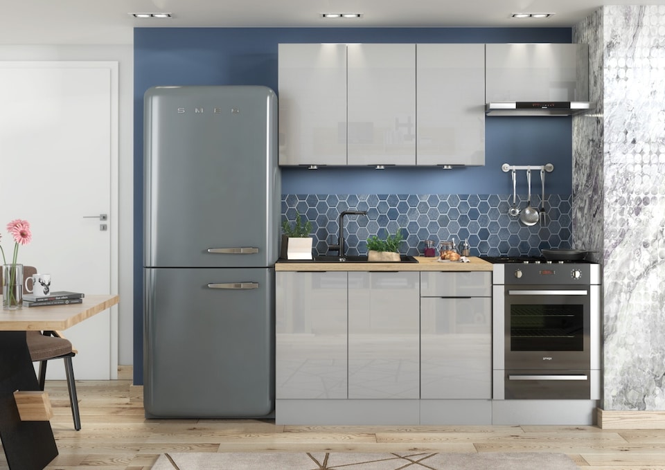 image 1 of Kitchen Cabinets 5 Unit Set Soft Close 180cm Modern Kitchenette Light Grey Gloss Storage Fitted Kitchen Star