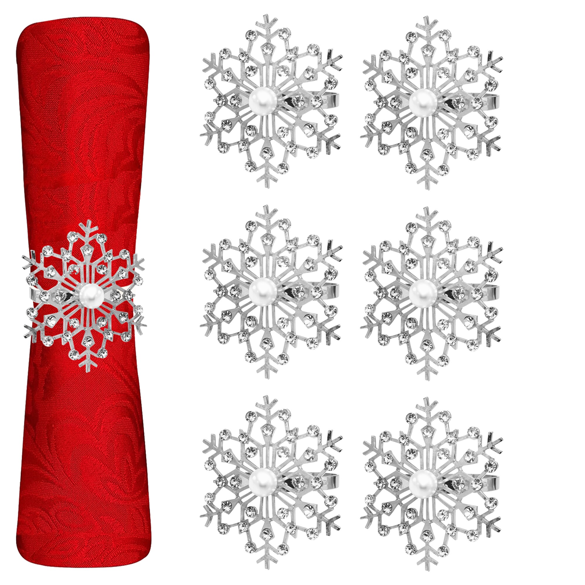 Neel Blue Snowflakes Napkin Rings, Faux Pearl with Diamante Rhinestone Christmas Napkin Holder - Silver, 6pcs in Silver
