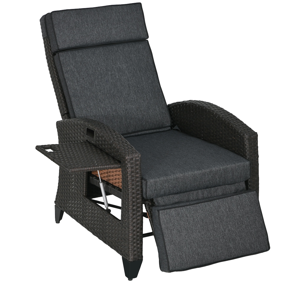 image 1 of Outsunny Garden Recliner w/ Cushion, Reclining Rattan Chair, Dark Grey/Brown