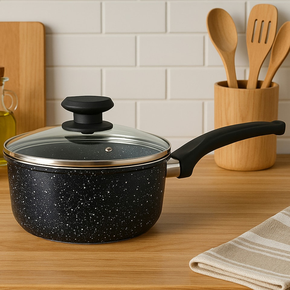 image 1 of Interiors by Premier 20cm Saucepan With Glass Lid, Non-Stick Aluminium Pan With Marble Effect Finish, Durable Cookware Black