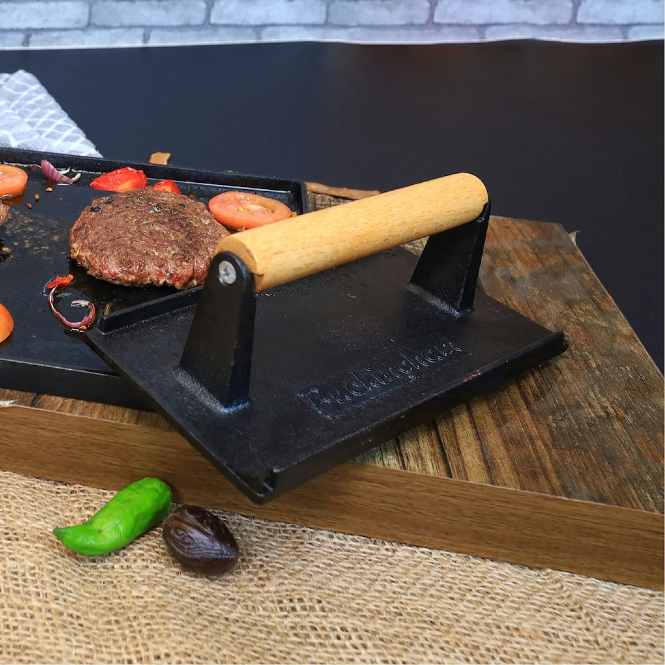 image 1 of Buckingham Pre-Seasoned Cast Iron Steak Becon Burger Press 21 cm , Wooden Handle