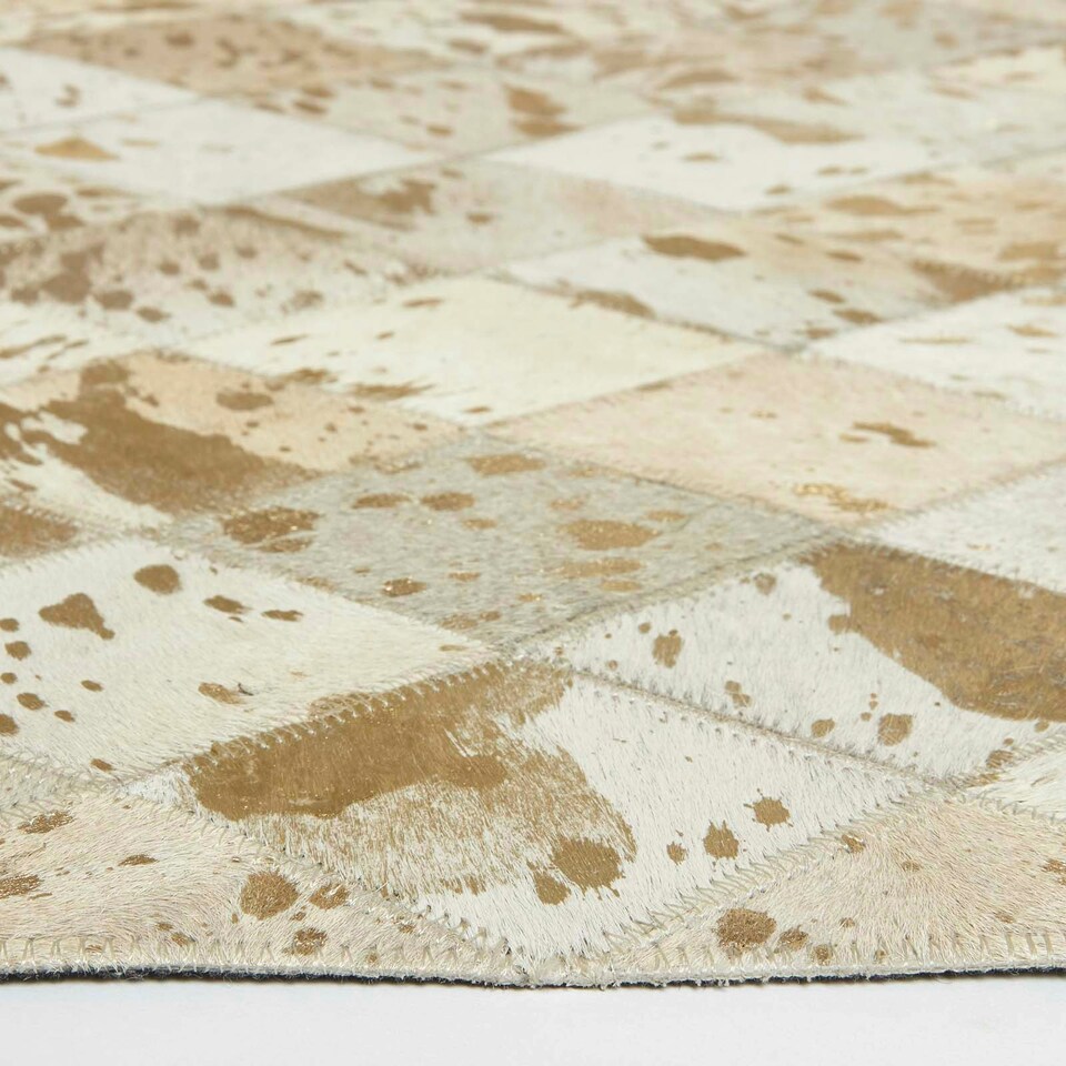image 1 of Homescapes Gold and Grey Geometric Diamond Leather Rug - 90 x 150 cm