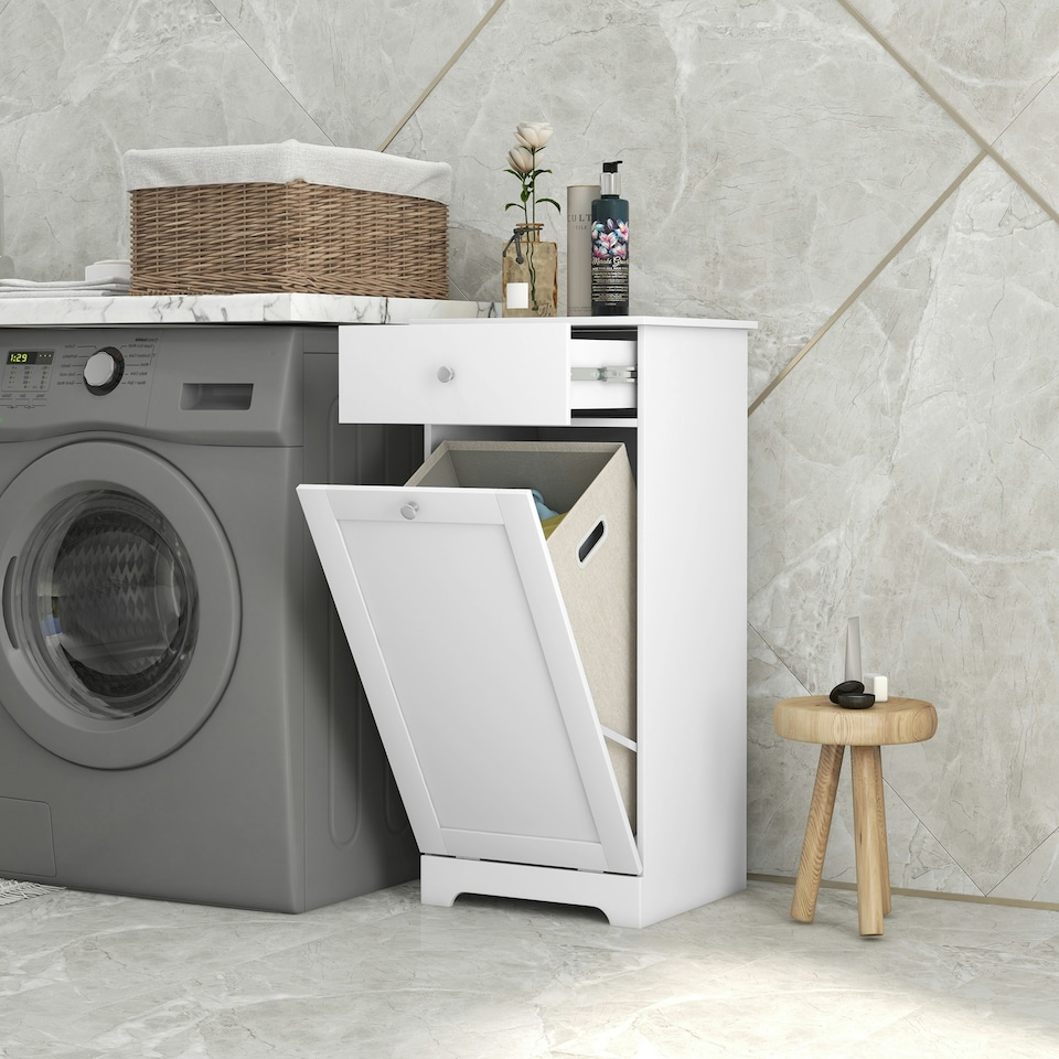 image 1 of HOMCOM Bathroom Cabinet with Folding Laundry Hamper and Drawer
