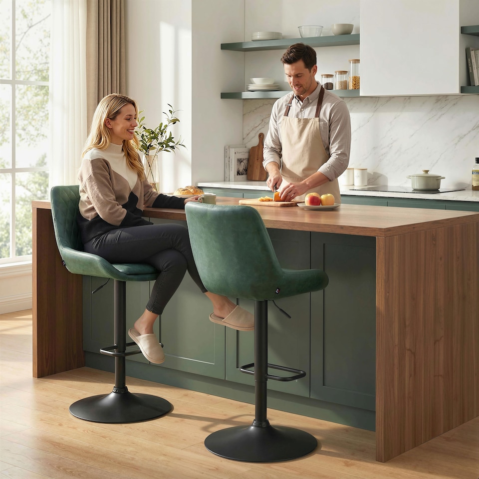 image 1 of HOMCOM PU Leather Padded Bar Stools Set of 2 with Metal Base, Dark Green