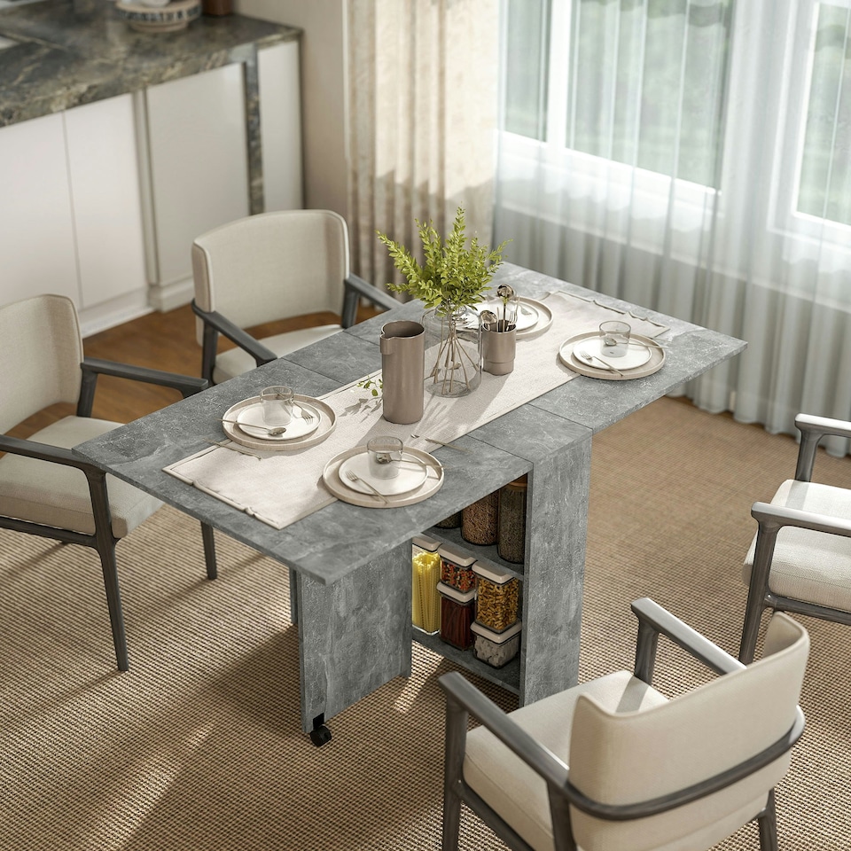 image 1 of HOMCOM Mobile Drop Leaf Dining Table Folding Desk w/ 2 Wheels Cement Grey