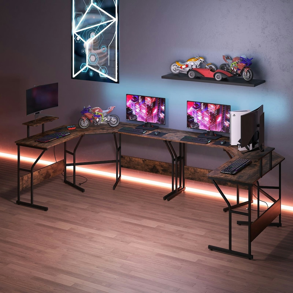 image 1 of COSTWAY L-shaped Desk Corner Computer Workstation Coffee Brown