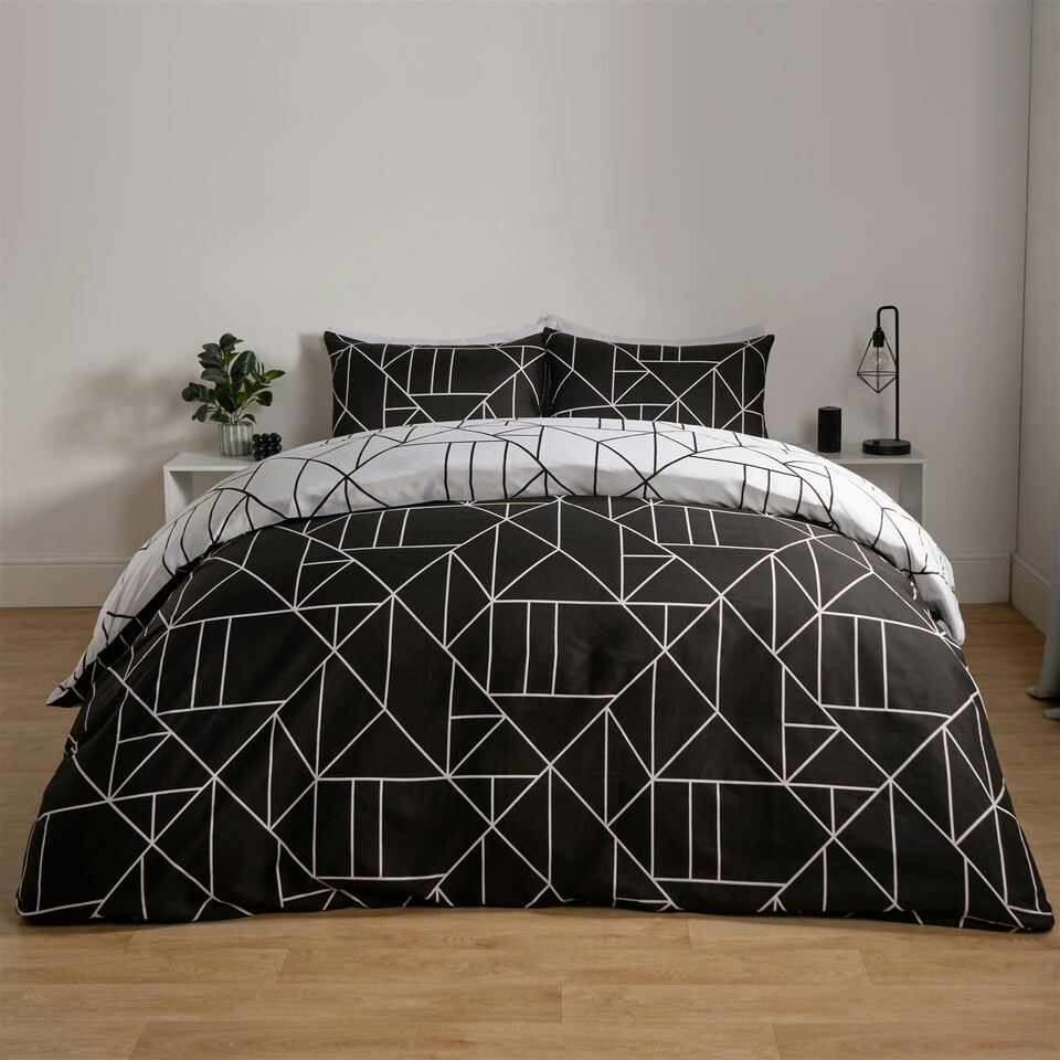 image 1 of OHS Geometric Reversible Print Duvet Cover and Pillowcase Set, Super King - Black