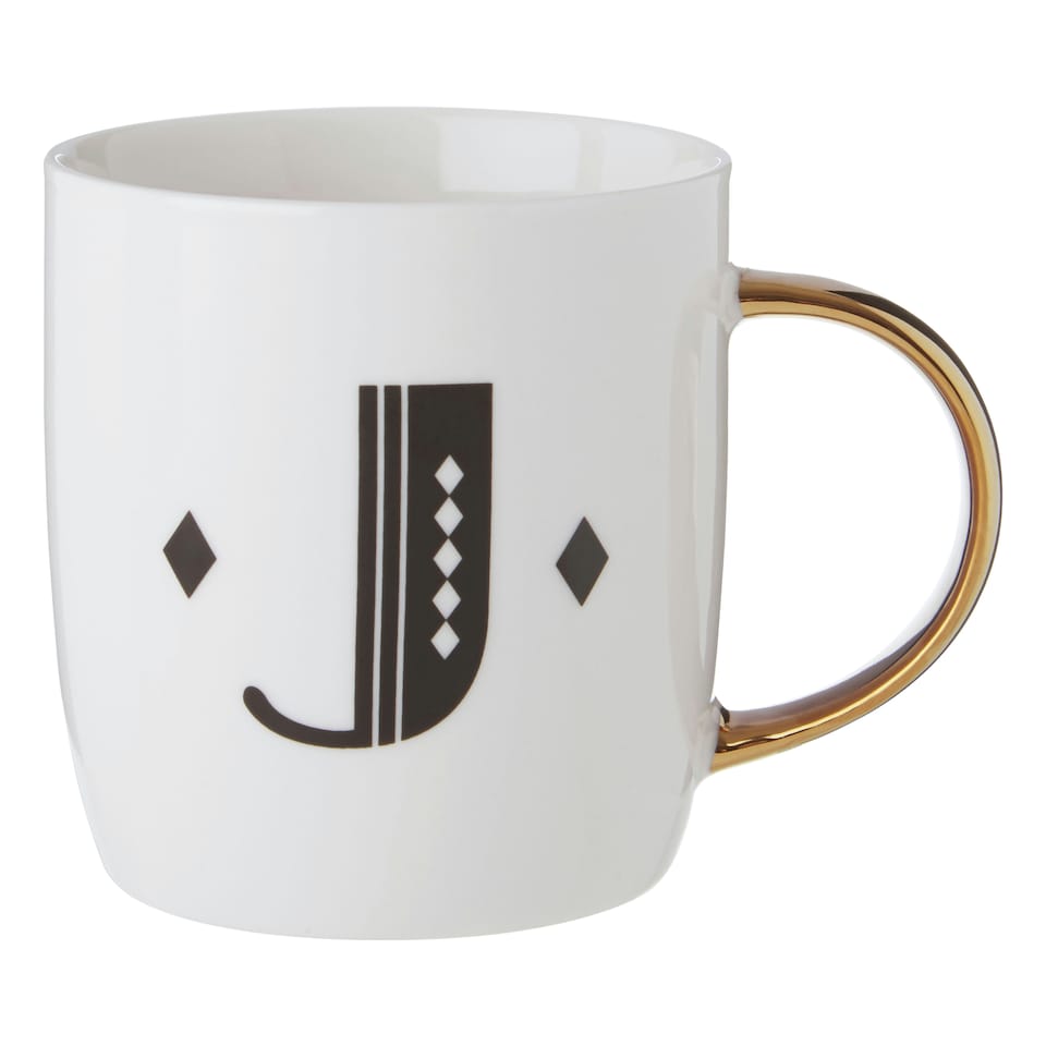 image 1 of Interiors By Premier Diamond Deco J Letter Monogram Mug,Reusable Coffee Cup,White Glazed Travel Mug,Gold Finish Personalized Cup