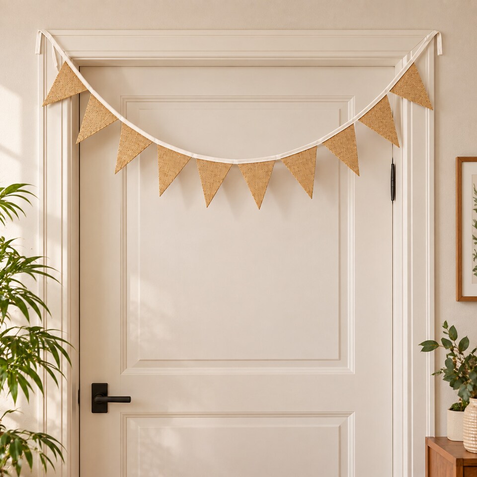 image 1 of Plain With White String Hessian Party Bunting 3m with 14 Pennants