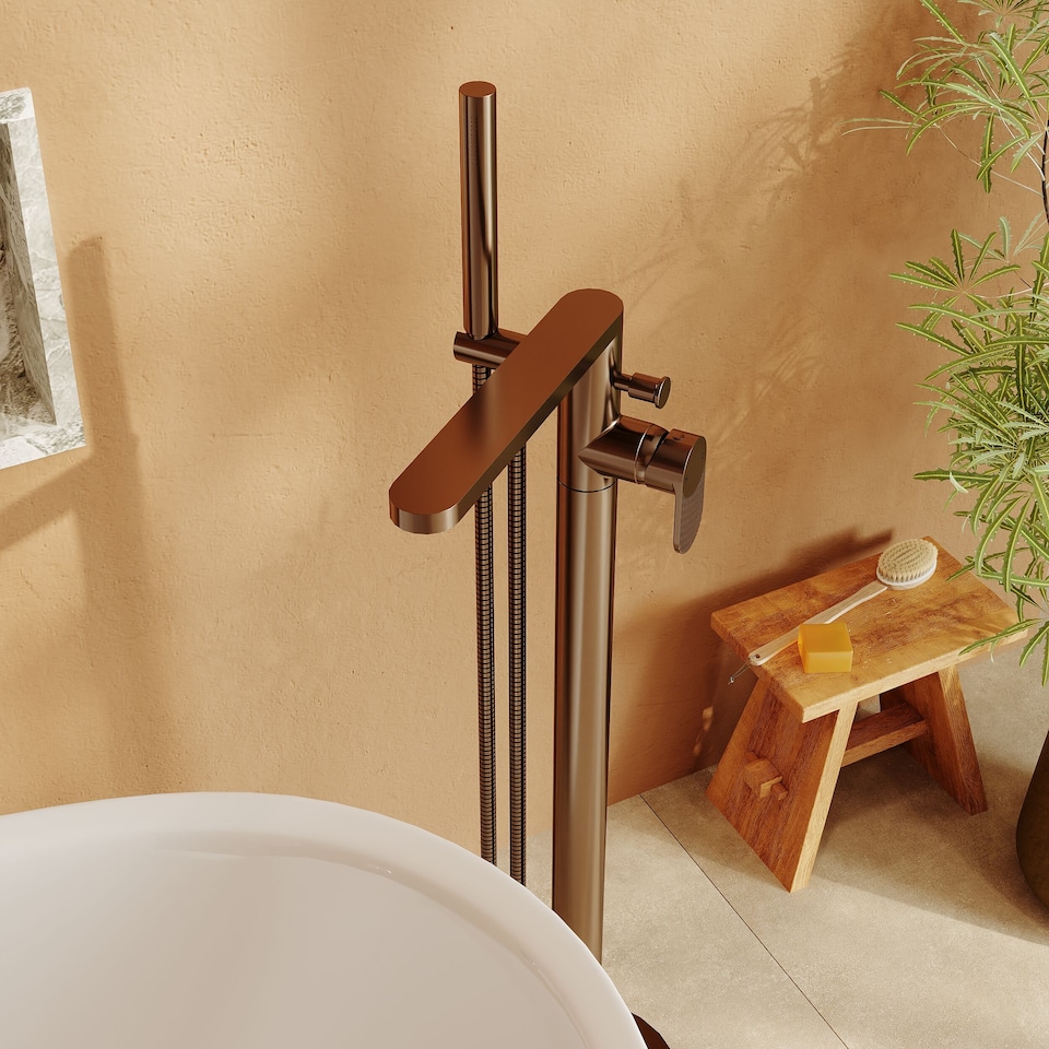 image 1 of Balterley Modern Freestanding Round Bath Shower Mixer Tap with Fluted Lever Handle and Kit | Brown | Brushed Bronze