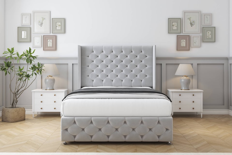 image 1 of Sloomy Luthor Silver Plush Divan Bed Base No Drawers With 54 Inch Wingback Headboard & 12 Inch Matching Footboard | Silver | Silver | Double | 1