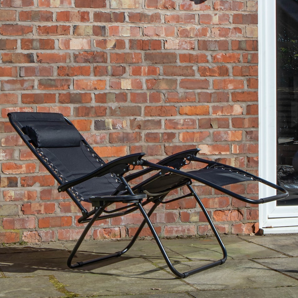 image 1 of Set of 2 Luxury Padded Multi Position Zero Gravity Garden Relaxer Chair Lounger in All Black
