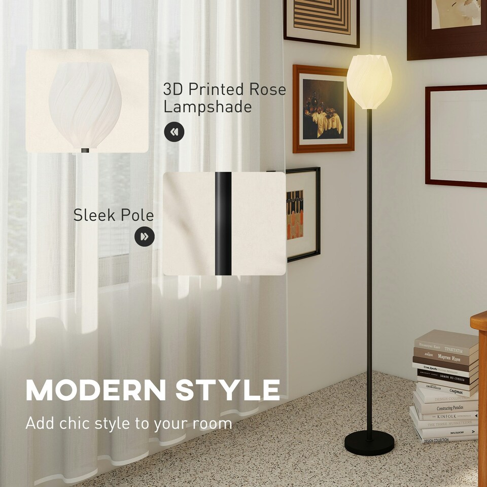 image 1 of HOMCOM 3D Printed Standing Lamp with Rose Shade, 3 Colour Temperature, White | White