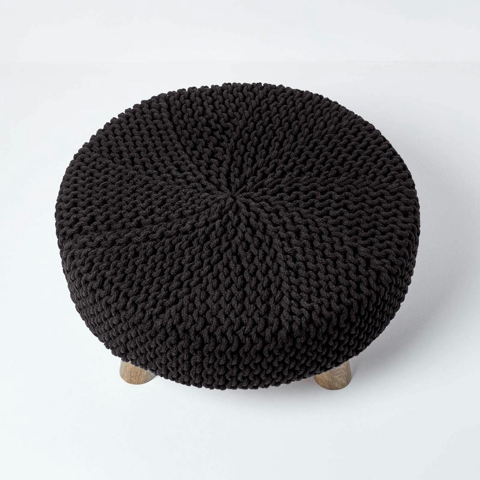 image 1 of Homescapes Black Large Round Cotton Knitted Footstool on Legs | Black | 62 x 62 x 30 cm