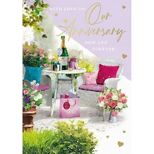 Words 'n' Wishes Anniversary Card - On Our Anniversary - Champagne and Flowers - Romantic Design - Special Finish - Made in the UK - Eco-Friendly