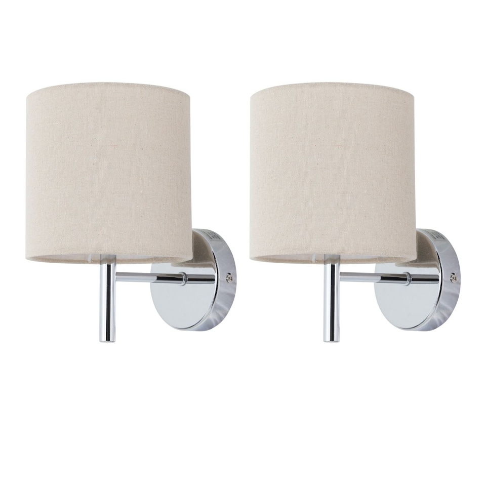 image 1 of Set of 2 Brea - Chrome Wall Lights with Natural Linen Shade | Chrome | Brown | 2