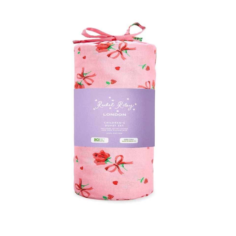 image 1 of Rachel Riley Strawberry Rose Duvet Cover Set Single Bed Pink | One Size