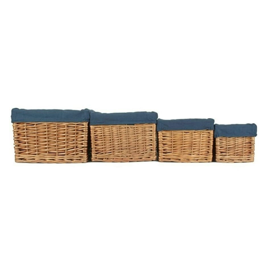 image 1 of Double Steamed Navy Cotton Lined Willow Storage Baskets Blue | S