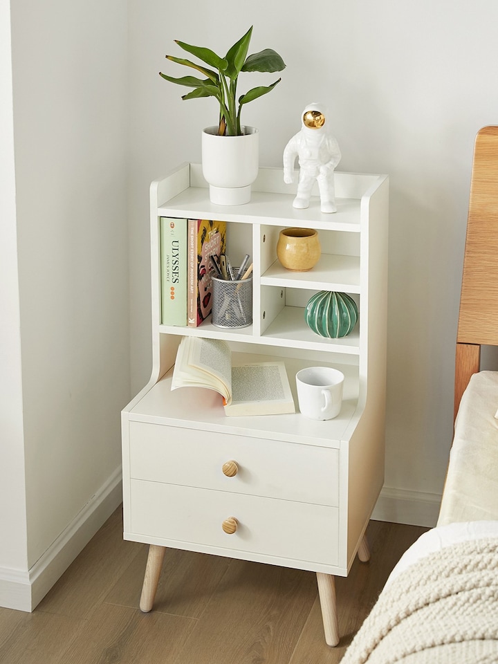 image 1 of SoBuy FBT100-W,Modern Bedside Table with 2 Drawers & 3 Open Shelves | White | White | 1