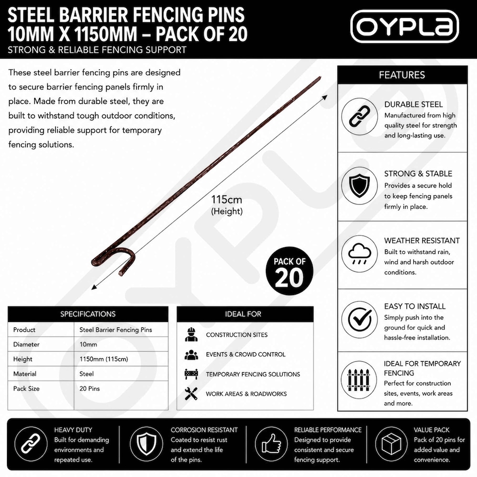 image 1 of 20x Heavy Duty Steel Fencing Pins 10mm x 1150mm Barrier Fence Garden Stakes