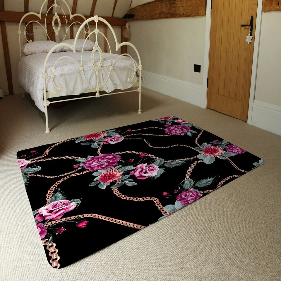 image 1 of Chain and Flowers Pattern (Rug) Black | Medium: 80x150cm