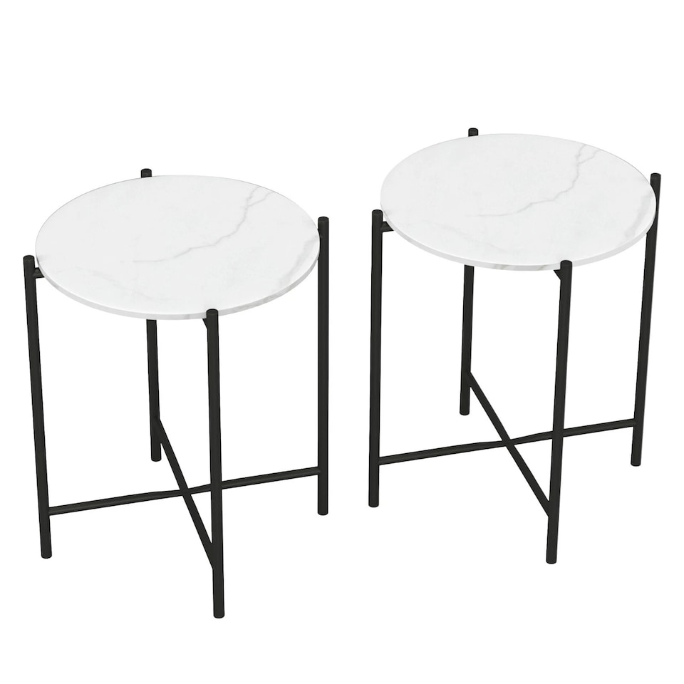image 1 of Set of 2 Pcs Marble Effect Tops Square Round Side End Coffee Table Metal Frame | White | White Round | 1