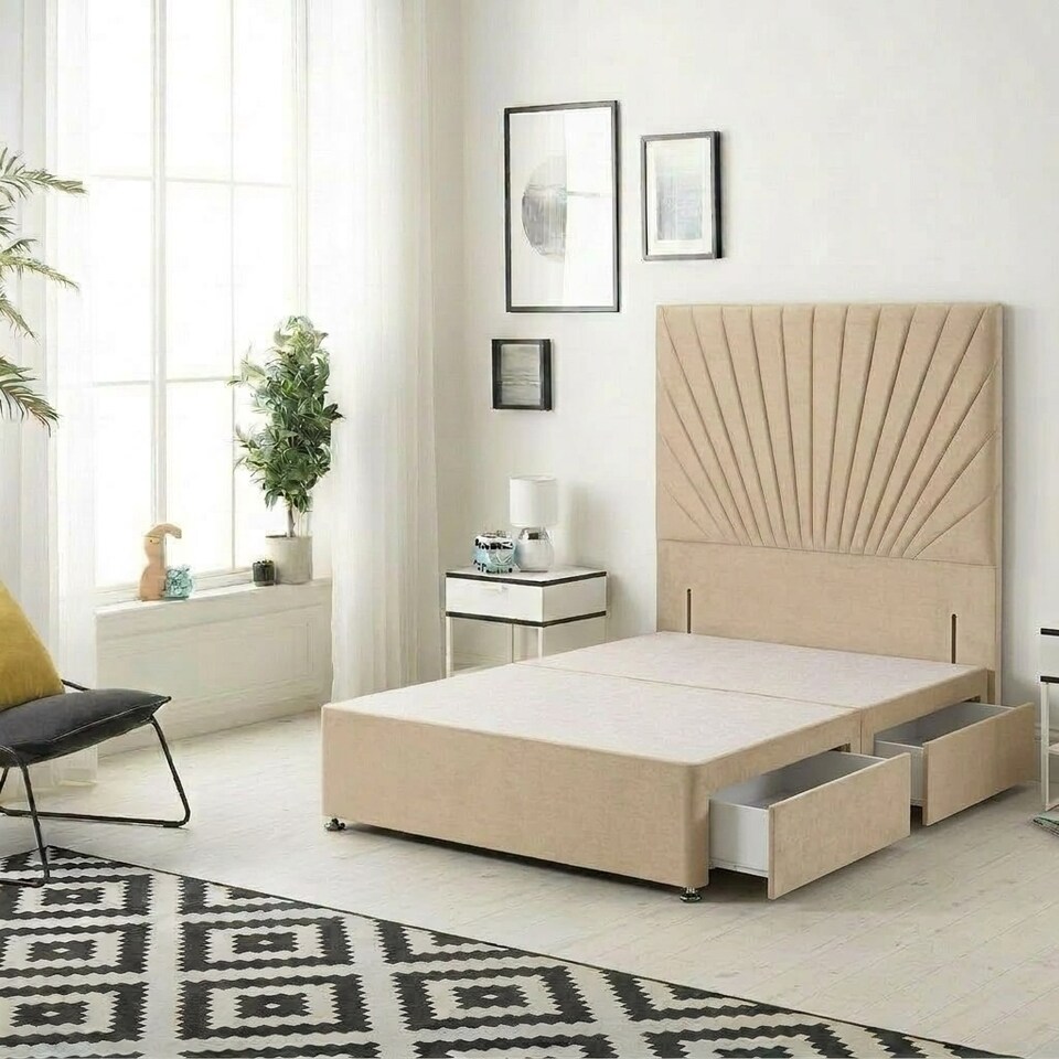 image 1 of Sunburst Divan Bed with 2 Drawers & 54'' Floor Standing Headboard Plush Velvet | Brown | Beige