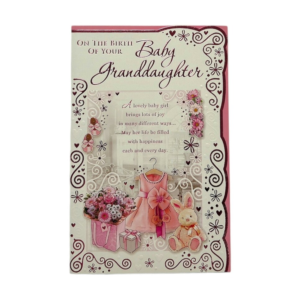image 1 of On The Birth Of Granddaughter Pink Dress And Teddy Design Opacity Congratulations Card